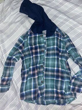 Carter's Green & Blue Plaid Hooded Button-Up Shirt